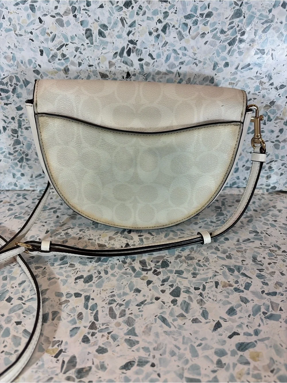 Coach Cream Signature Half-Moon Crossbody with Gold Hardware